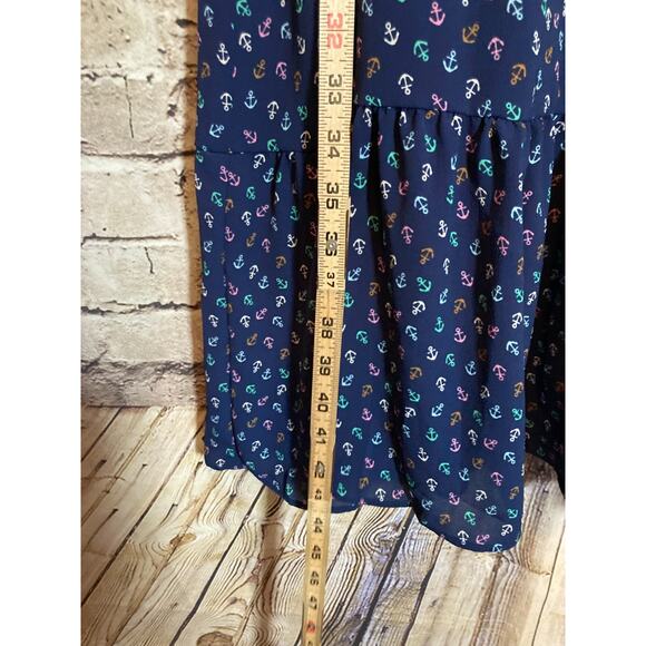 Talbots Midi Dress Women 12 Navy Nautical Anchor Print Tiered Boho Dark Romantic - Picture 9 of 13